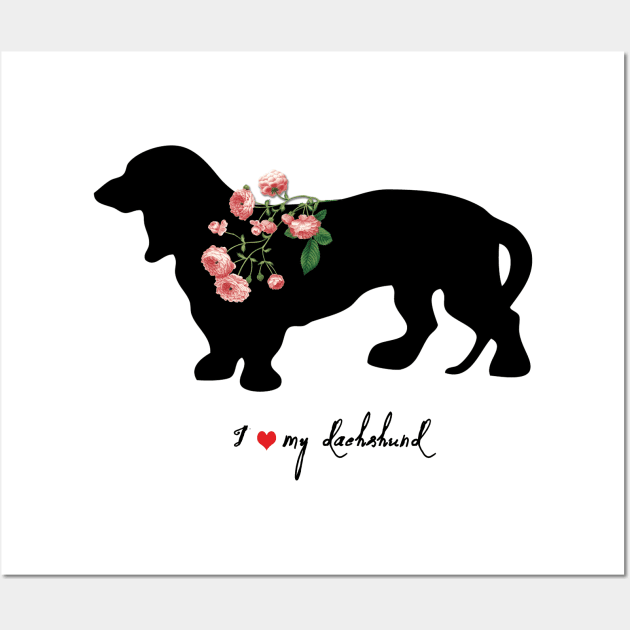 Cute Dachshund Dog Silhouette with Roses Wall Art by LizzyizzyDesign